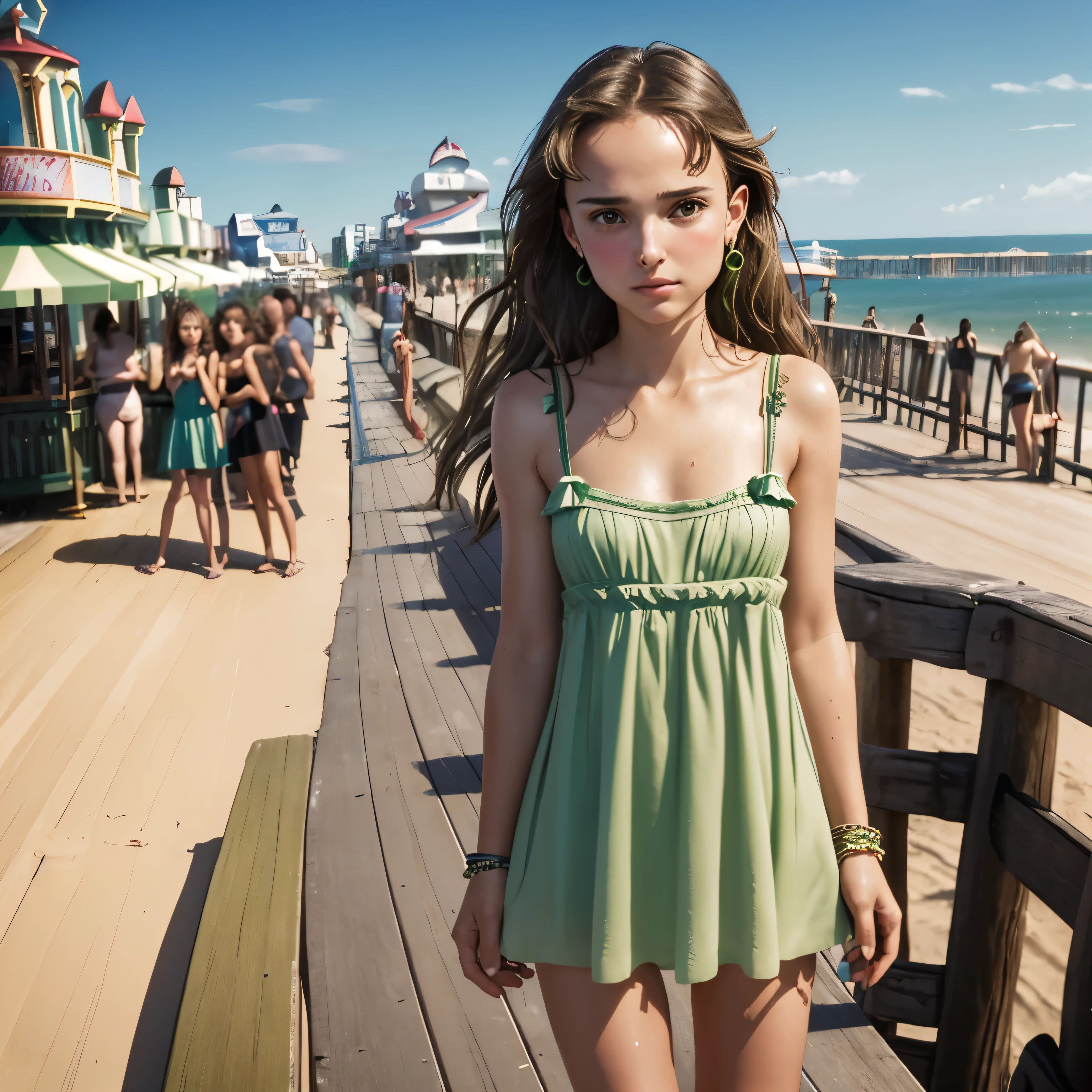 18 year old Natalie Portman, (((tiny green sundress and thong))), (((standing at the Boardwalk))), shy, ((face blushing)), (((hands between legs))), ((embarrassed pose)), ((worried)), metal bracelet, wet hair, (low angle shot)