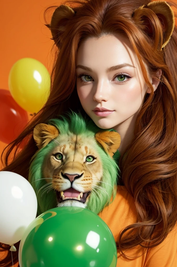 Cute lion, drawning Cartoon, orange tones, White background, voluminous mane, dainty, , unrealistic, greeneyes, drawning, holding three party balloon in green color, smooth reddish spot on forehead, animation, white background