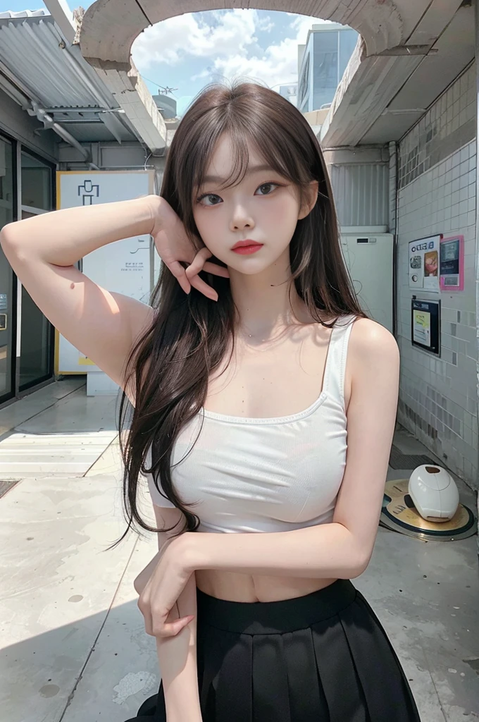 Top image quality、Raw photography、超A high resolution、16-year-old Korean、big round chest、sleeveless、Formal shirts、Chic shirt、tight shirtp、Formal Office Skirt、Black skirt、fair white skin、shiny white skin、elongated eyes、Beautiful eyes with random colors、beautiful eyes finely detailed、pale pink blush、long eyeslashes、beautiful double eyelid、eyeshadows、Glowing brown hair、wrist watch、Stand in front of a gray wall、Entrance to a large company