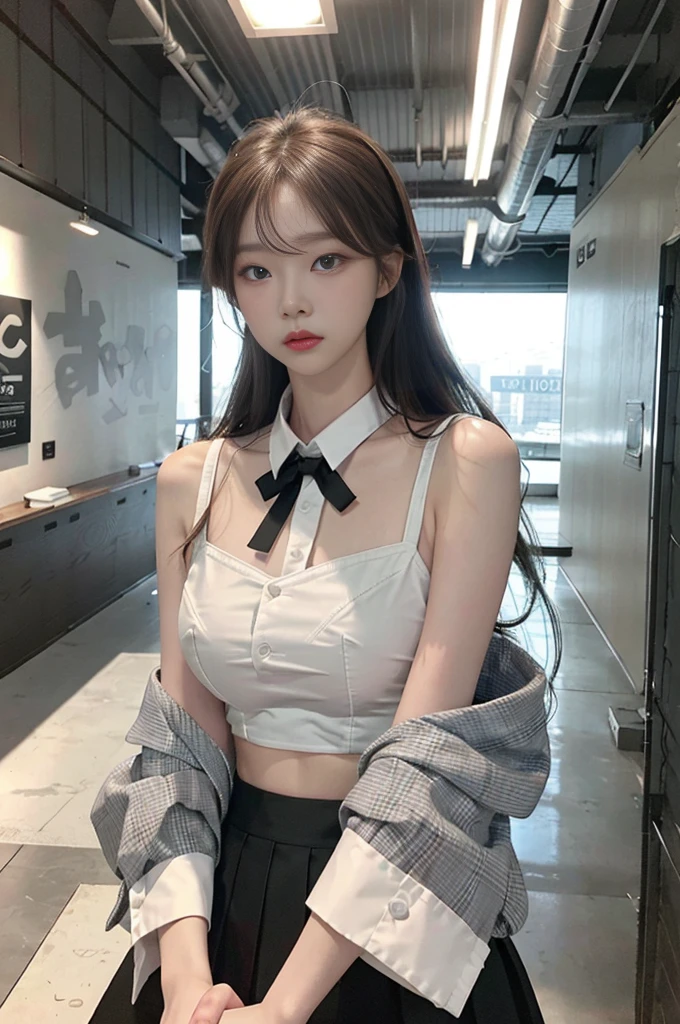 Top image quality、Raw photography、超A high resolution、16-year-old Korean、big round chest、sleeveless、Formal shirts、Chic shirt、tight shirtp、Formal Office Skirt、Black skirt、fair white skin、shiny white skin、elongated eyes、Beautiful eyes with random colors、beautiful eyes finely detailed、pale pink blush、long eyeslashes、beautiful double eyelid、eyeshadows、Glowing brown hair、wrist watch、Stand in front of a gray wall、Entrance to a large company
