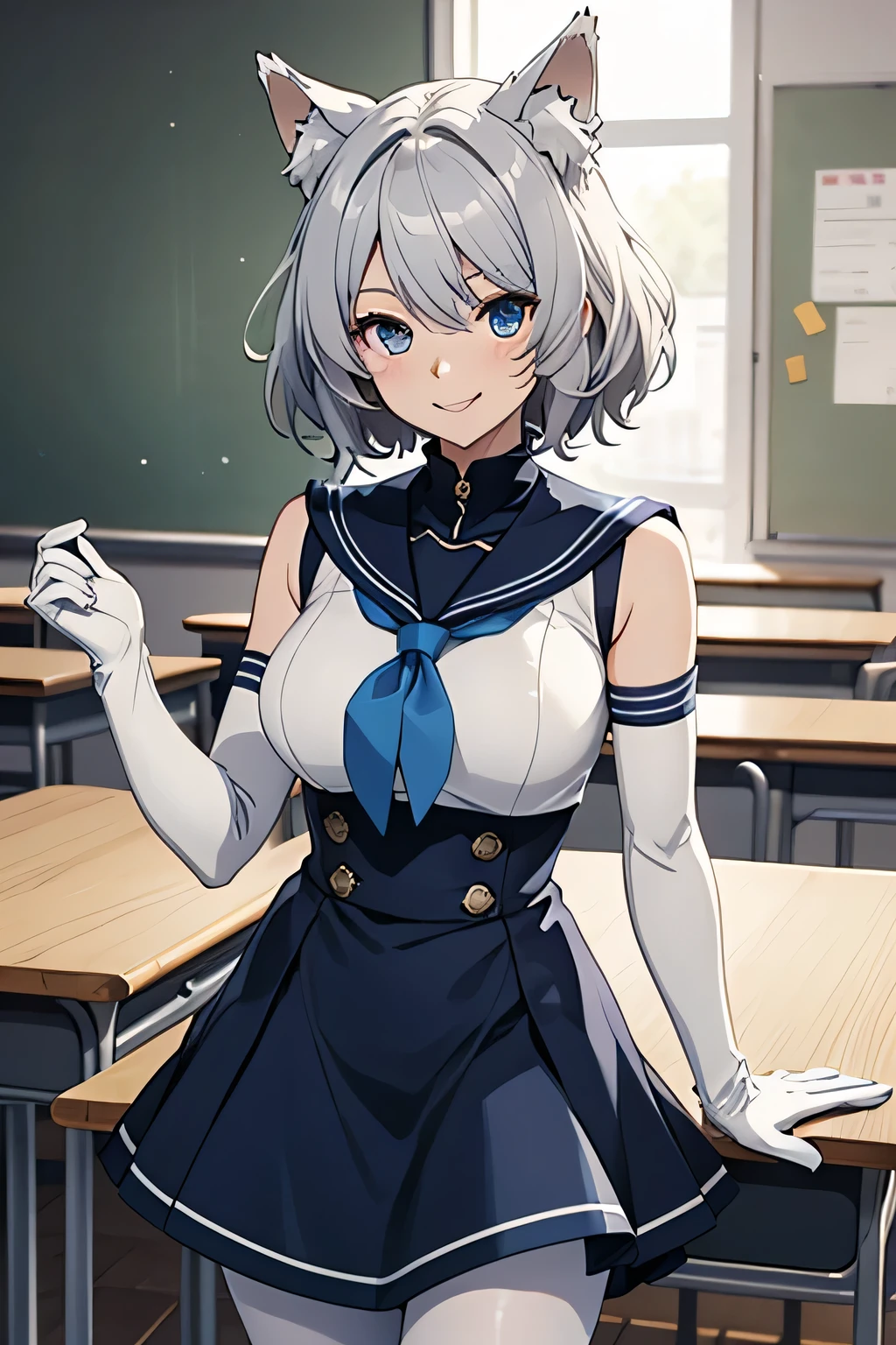 Tabletop　 Best image quality　wonderful　Attention to detail　One Young Woman（（Adult））Anime Style　White Sailor Suit（Sleeveless）　Navy Blue Skirt（Knee-length）　snow-white gloves（Elbow Gloves）　White pantyhose（Plain）　Wolf Ears　short hair（（Shortcuts）（Gray Hair）（Curly Hair）（fluffy））　smile（Happy）　Eye color is blue　background（classroom）　Are standing