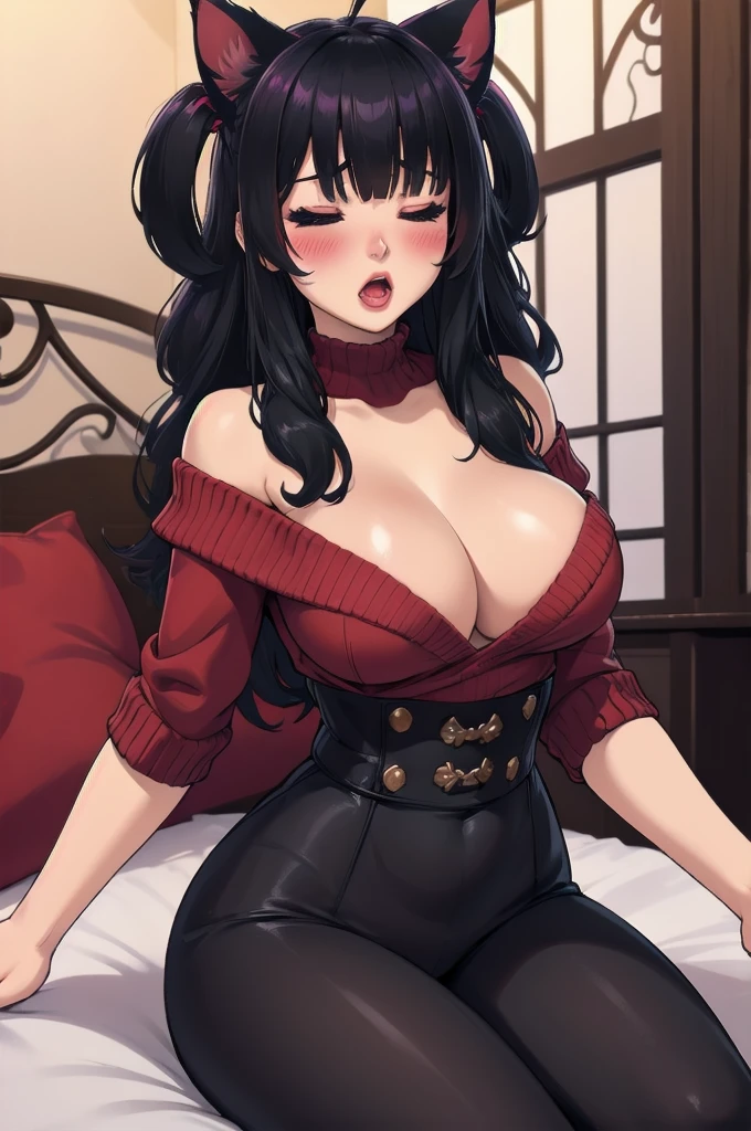 Sexy woman junkotvv with cat ears, Closed eyes, Open mouth, very deep blush, The tip of the nose is red, long neck, Off Shoulder Pink Sweater, medium chest, visible cleavage, bedroom, warm lighting ,in bed