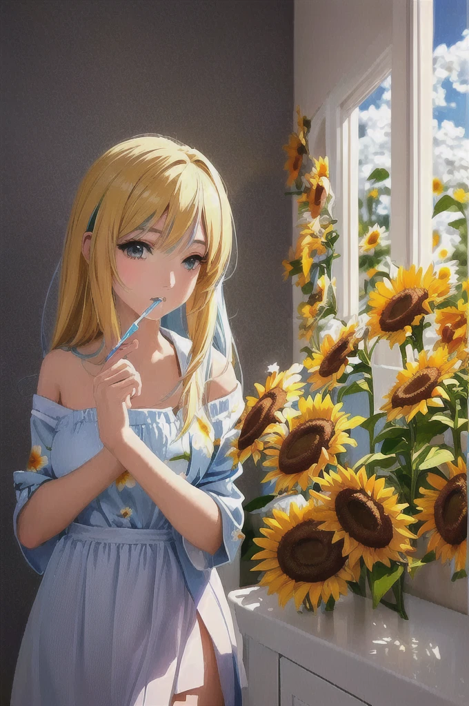 Anime girl brushing her teeth in a bathroom with sunflowers, Beautiful sunflower anime girl, Nightcore, Beautiful and detailed anime art, Beautiful Anime Girls, Realistic Anime 3D Style, Beautiful anime art style, Beautiful anime art, High quality anime art style, Beautiful anime style, Cute Anime Girl, Anime Aesthetics, Realistic anime art style, Smooth anime CG art, Beautiful anime art