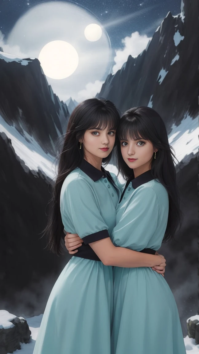 two girls, body in shadows, dark background, sunshine, perfect eye contact, distant view, short and long hair, height difference, 8k quality, to become night, love, highly illustrated image, very detailed, Perfect picture, mountain, dress, polo y short, hug,