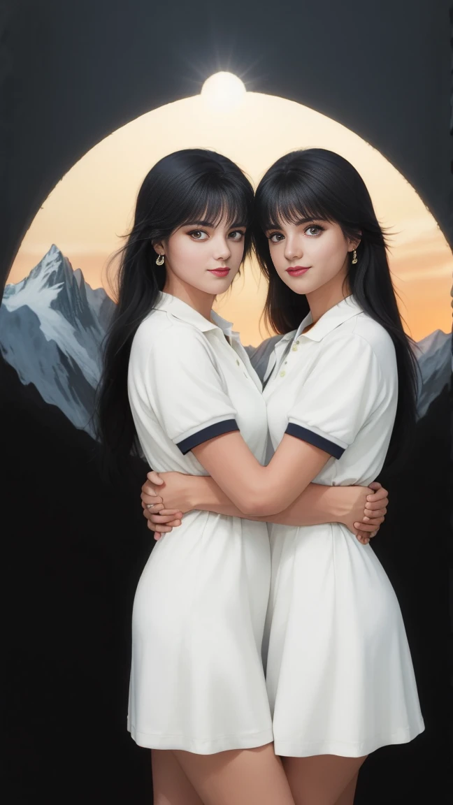two girls, body in shadows, dark background, sunshine, perfect eye contact, distant view, short and long hair, height difference, 8k quality, to become night, love, highly illustrated image, very detailed, Perfect picture, mountain, dress, polo y short, hug,