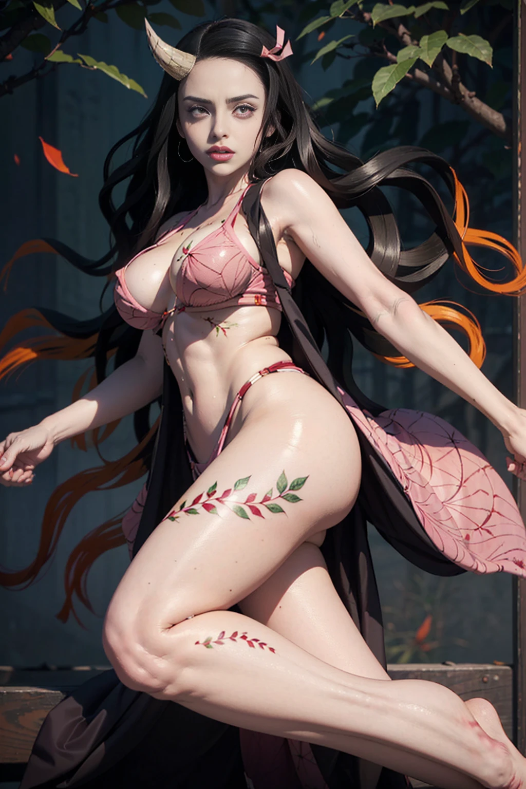 (ultra realistic photo of Nezuko kamado goddess of beauty, bright pink eyes, angry angry expression, she has a horn, 8k, UHD, hottie with ultra giant breasts, huge long breasts sticking out of her kimono, erotic, with long black hair and orange tips, sexy pink japanese kimono, she doesn't wear panties showing her tattooed pussy, pubic hair showing), Nezuko with a piece of bamboo stuck up her ass, (Nezuko, Nezuko-chan, Demon Slayer art style, kimetsu on yaiba), Hentai female anime character, (Nezuko, in her demon form, Huge breasts, giant long breasts sticking out of her clothes, her breasts stick out of her kimono, showing beautiful pointy breasts), (length of ultra giant breasts goes down to her toned stomach, she has leaf tattoos running down her sexy erotic body), Demon Slayer rui fanart, wielding kunai, Marin Kitagawa Fanart, clean and detailed anime art, a very beautiful berserker woman, by Kamagurka, professional art, perfect detailed, (Nezuko kamado in her demonic form showing her giant and hairy pussy, based on the demon slayer kimetsu no yaiba), nudes, nude porn