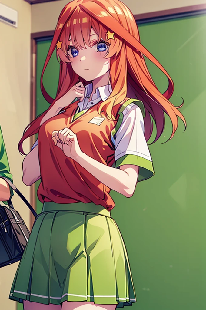 itsukinakano, itsuki nakano, bangs, blue eyes, Hair between the eyes, Ahoge, Redhead, star \(symbol\), hair ornaments, star hair ornaments,
break skirt, shirt, , clavicle, white shirt, Short sleeve, Pleated skirt, socks, collared shirt, mini skirt, Knee-high, white socks, (Green Skirt:1.5), Sweater vest, (red Sweater vest:1.5),
break indoors, classroom,
break looking at viewer, (Cowboy Shot:1.5),
break (masterpiece:1.2), Highest quality, High resolution, unity 8k wallpaper, (figure:0.8), (Beautiful attention to detail:1.6), Highly detailed face, Perfect lighting, Highly detailed CG, (Perfect hands, Perfect Anatomy),