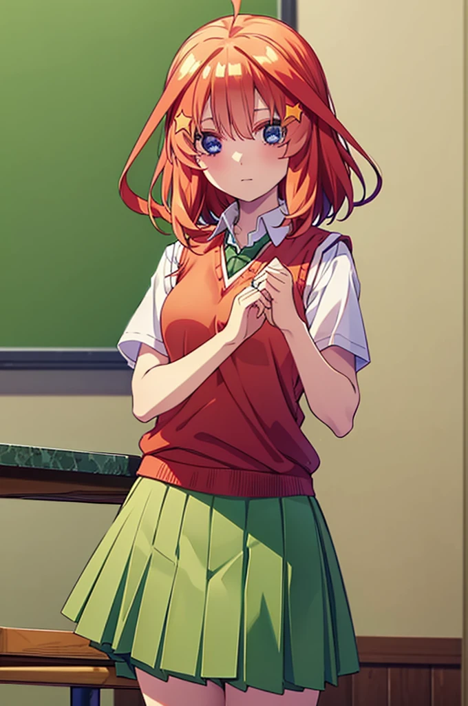 itsukinakano, itsuki nakano, bangs, blue eyes, Hair between the eyes, Ahoge, Redhead, star \(symbol\), hair ornaments, star hair ornaments,
break skirt, shirt, , clavicle, white shirt, Short sleeve, Pleated skirt, socks, collared shirt, mini skirt, Knee-high, white socks, (Green Skirt:1.5), Sweater vest, (red Sweater vest:1.5),
break indoors, classroom,
break looking at viewer, (Cowboy Shot:1.5),
break (masterpiece:1.2), Highest quality, High resolution, unity 8k wallpaper, (figure:0.8), (Beautiful attention to detail:1.6), Highly detailed face, Perfect lighting, Highly detailed CG, (Perfect hands, Perfect Anatomy),