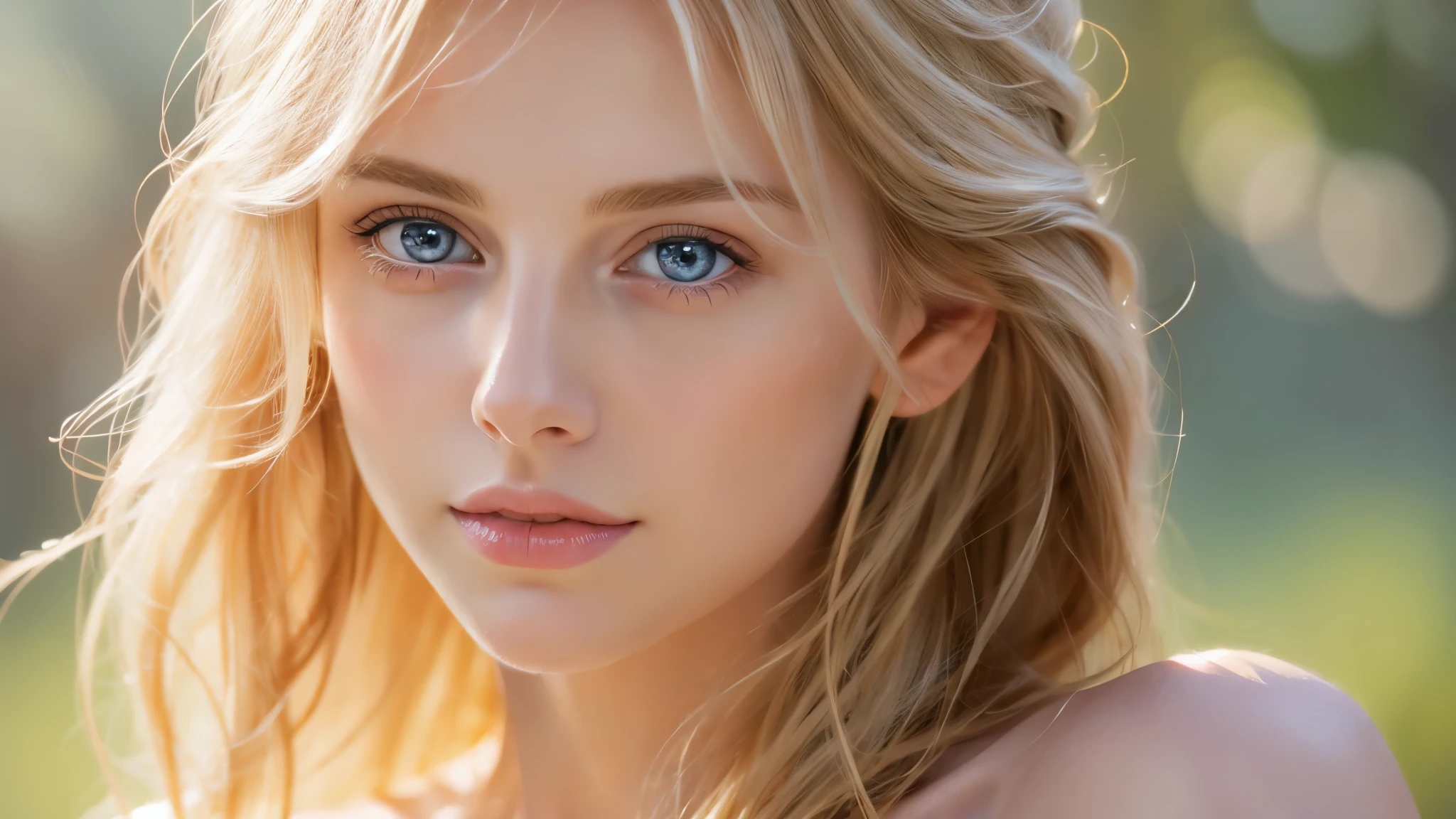 Soft portrait of a beautiful blonde woman, flowing golden hair, captivating blue eyes, delicate features, natural makeup, elegant attire, gentle expression, subtle blush, warm skin tones, ethereal lighting, soft shadows, high-resolution digital painting, realistic style, artistic interpretation, by a skilled portrait artist