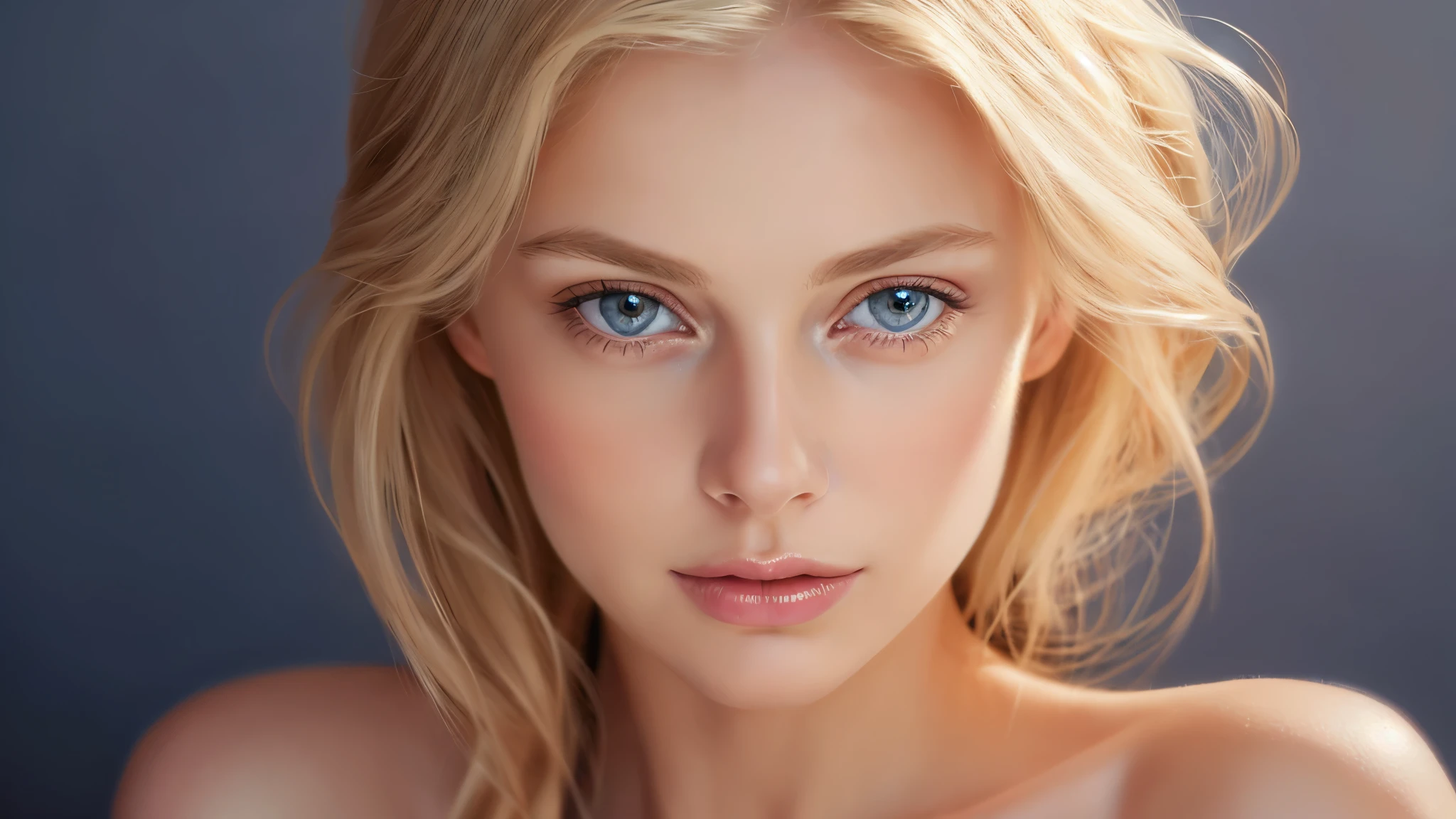 Soft portrait of a beautiful blonde woman, flowing golden hair, captivating blue eyes, delicate features, natural makeup, elegant attire, gentle expression, subtle blush, warm skin tones, ethereal lighting, soft shadows, high-resolution digital painting, realistic style, artistic interpretation, by a skilled portrait artist