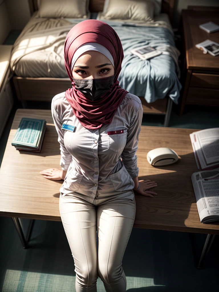 (1 girl), sitting on a chair in a hospital, ((wearing hijab)), wearing long white nurse uniform, long sleeves, long white pants, shot from above, wearing niqab, wearing mouth cover