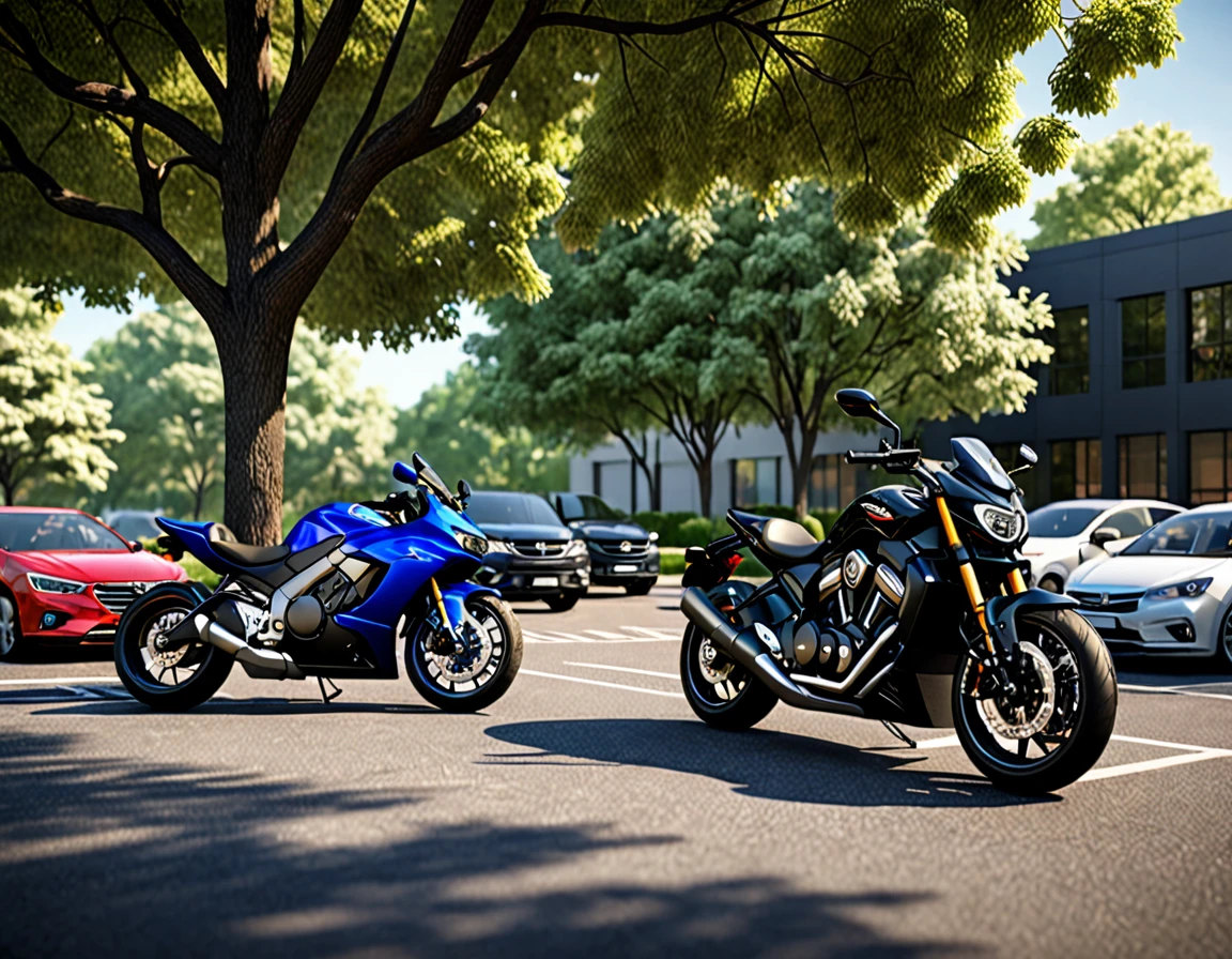black motorcycle parke, cars parked in a parking lot with trees in the foreground,university parking, detailed rendering, a photorealistic rendering, realistic rendering, photorealistic rendering, realistic scene, photorealistic streetscape, cg rendering, rendered in lumion pro, realistic physical rendering, digital rendering, beautiful rendering, 3d rendering!, 3 d rendering!, hyper detailed scene, architectural rendering