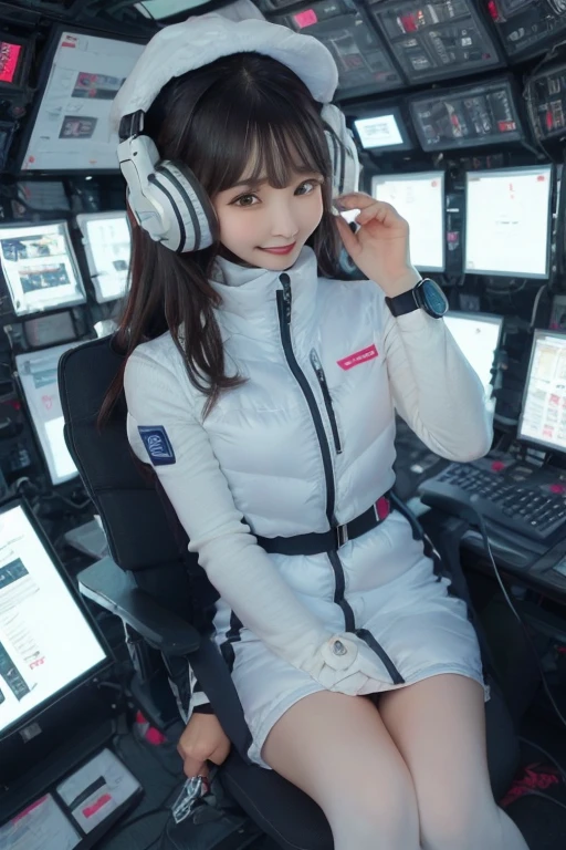 masterpiece, Highest quality, Very detailed, 8K Portrait,Japanese Android Girl,plump , Control panel,Robotic arms and legs, Blunt bangs,,break (Metallic Gray, Metallic luster, Mirror finish, Astro Best):5,headphone:5,break (Black sleeves):100,Smart Watches,Futuristic space station,Control Room,break headphone,blue eyes,(Black Hair):2,(Long Hair):1.3,Displaying the viewer,(respirator),break blush:3,Hidden Hand,smile