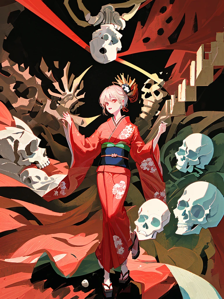 a skull with black bones, and a red kimono.