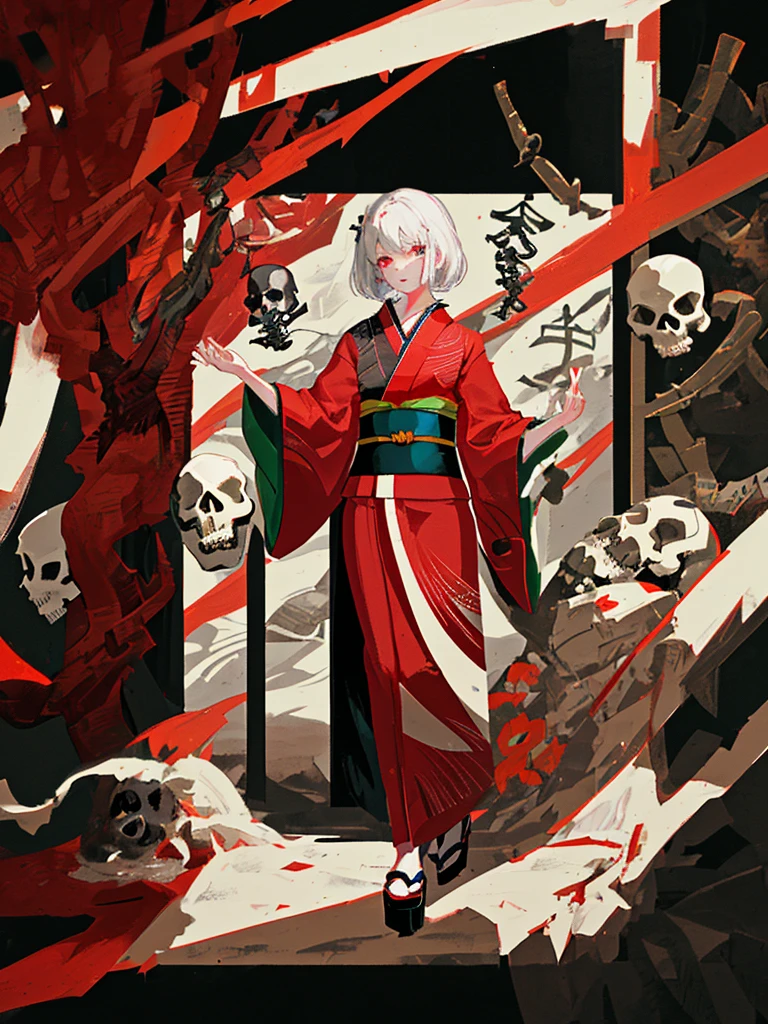 a skull with black bones, and a red kimono.