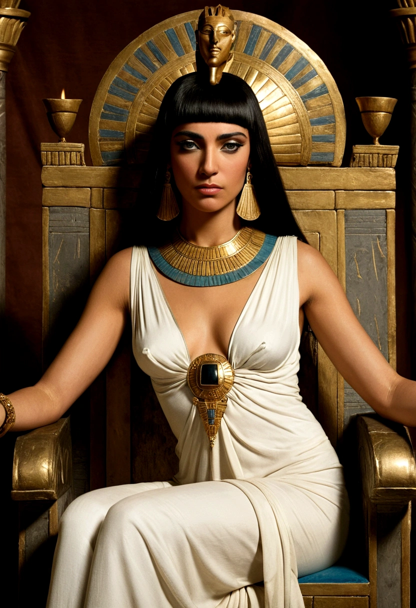 Renaissance painting of Cleopatra sitting on a throne, her gaze is seductive and alluring, her position seductive, perfect beauty, she looks like a goddess, the only focus of the image is her, she is facing the viewer, Renaissance painting.