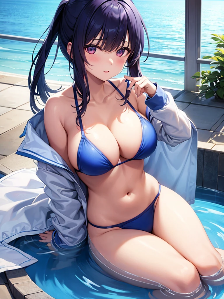 Akane Kurokawa, medium boobs, blue bikini, thighs