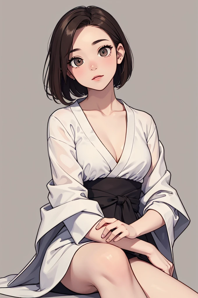 (((masterpiece, best quality, ultra highres, 1 girl, solo, no background))), super detailed skin and face and eyes and finger, beautiful japanese woman, small breasts:1.5, skinny, light brown hair, white background, very short hair, (an illustration of girl), Knee shot, Generate with illustrations, Various expressions, Various poses, Various Costumes, Please draw the entire character within the frame, ensuring that the head, arms, and legs are not cut off. The background should be simple, with the character positioned centrally,