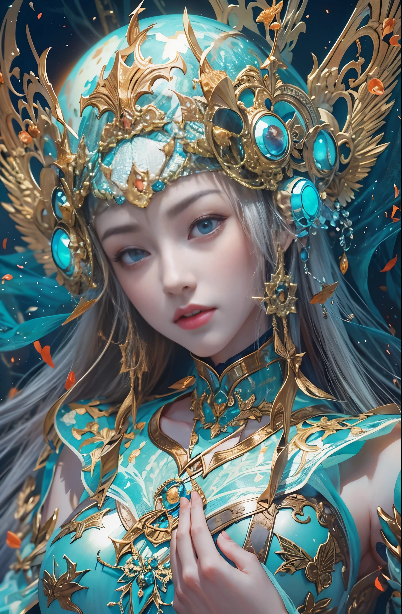Complex and gorgeous anime CGI style, Highly detailed fantasy characters, Highly detailed digital art in 4K, Karol Bak Oud, 宇宙のサイボーグgoddess, Beautiful digital art, 2. 5D CGI Anime Fantasy Artwork, goddess. Extremely high detail, Cyborg Queen'Portraiture, 非常に詳細なgoddessショット, Half Body Machine, inorganic, Next-generation high-performance cyborgs, goddess of Machines, The ultimate artificial lifeform, The perfect cyborg, The ultimate replicant, A masterpiece created by ultra-high performance AI, The ultimate final weapon, Highest quality, The perfect angle, Perfect composition, Sharp contours, Best Shot, Perfect shape, Perfect model style, Very beautiful and detailed, Beautiful and delicate blue eyes, Lostrun 8k, Lost Strand Style, Lost Strand Style, rossdraws Global Illumination, By Ignatius Zuloaga, Beeple and James Jean, Inspired by Ross Tran, ,Cyberpunk art style, Cyberpunk horror style, wonderfulデジタルイラスト, Cyberbank Style, Inspired by Chen Yifei, Works that influenced Francesco Hayes, Inspired by Hendrik Terbruggen, Jean=Works that influenced Auguste Dominique Ingres, Inspired by Liu Jun, Jean=Works that influenced Auguste Dominique Ingres, Highest quality, The perfect angle, Perfect composition, Best Shot, Official Art, Cinematic Light, Figurative art, Beautiful and expressive paintings, Beautiful artwork illustration, wonderful, Cool Beauty, clear, Mysterious, Highest quality, Official Art, Perfect composition,The perfect angle, Best Shot, Female Solo, Sharp contours, pretty much beautiful face, Five fingered hand, Close-up