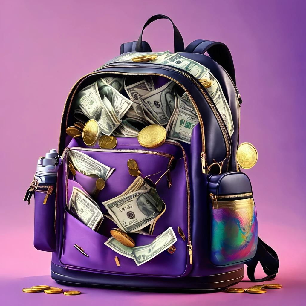 Backpack open with lots of money inside