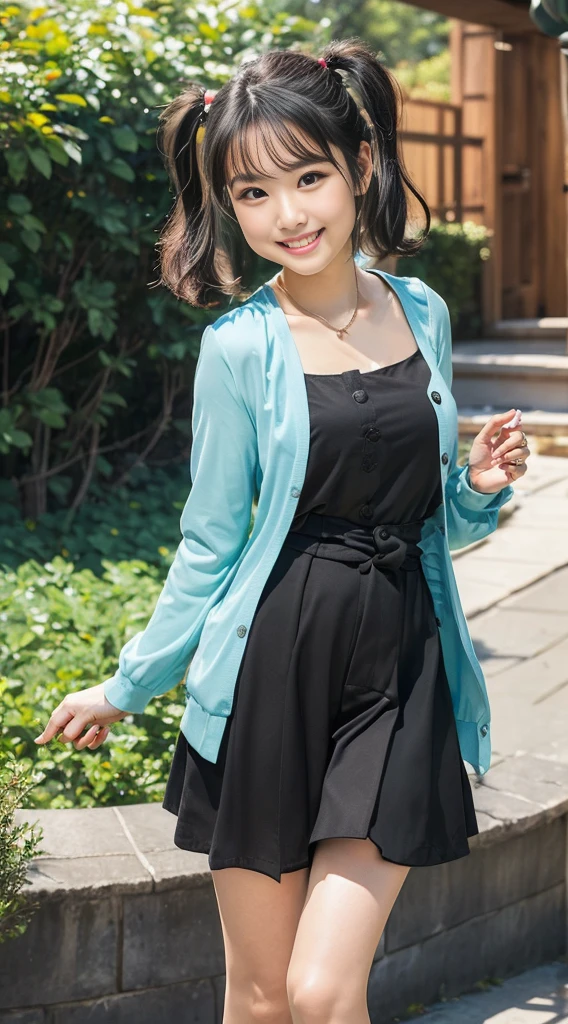 （8K、Raw photography、Highest quality、masterpiece：1.2),(Black Hair、Dark Eyes:1.9),(:1.6)、View your viewers,Front view,White skin,(Twin tails:1.3)、(Tight waist:1.6)、(Clothes that accentuate the shape of the breasts:1.0)、(Big Breasts :1.3)、Slim figure、Ultra-high resolution,beautiful,beautiful fece,(One person、No background:1.9),whole bodyボディー,Japanese women,（reality的：1.37）、Photon Mapping,reality、(Baby-faced and cute: 1.2)、(Cute Smile: 1.8)、(Round face: 1.8)、Radio City、Physically Based Rendering、Depth of field rally background、photograph, (I can see your knees、Thigh close-up:1.8),（:1.6）,whole body、Great quality