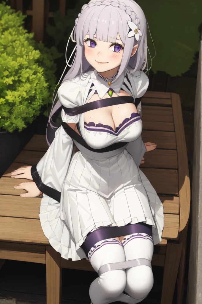 masterpiece, 1girl, Emilia, blunt bangs, long hair, crown braid,
white dress, detached collar, wide sleeves, x hair ornament, hair flower, hair ribbon, white thigh boots, cleavage, purple frills, pleated_white_skirt
sitting on bench, garden, arms at sides,
looking at viewer, (smile:1.2), blush, from above, tape gag, tape bondage