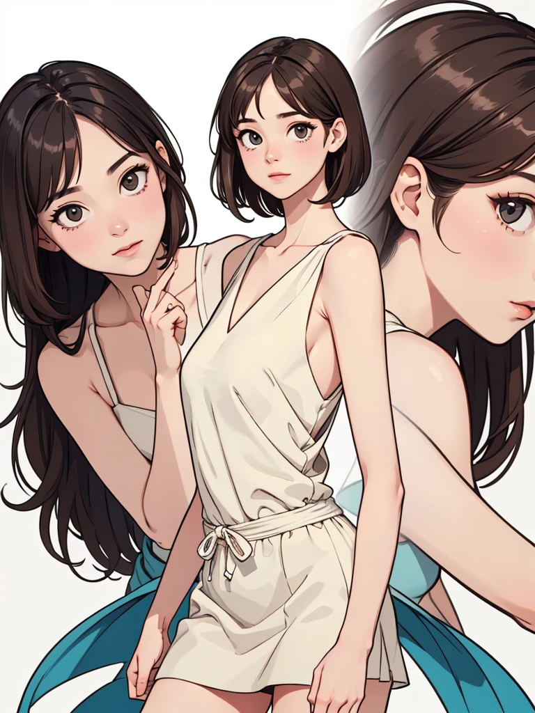(((masterpiece, best quality, ultra highres, 1 girl, solo, no background))), super detailed skin and face and eyes and finger, beautiful japanese woman, small breasts:1.5, skinny, light brown hair, white background, very short hair, (an illustration of girl), Knee shot, Generate with illustrations, Various expressions, Various poses, Various Costumes, Please draw the entire character within the frame, ensuring that the head, arms, and legs are not cut off. The background should be simple, with the character positioned centrally,