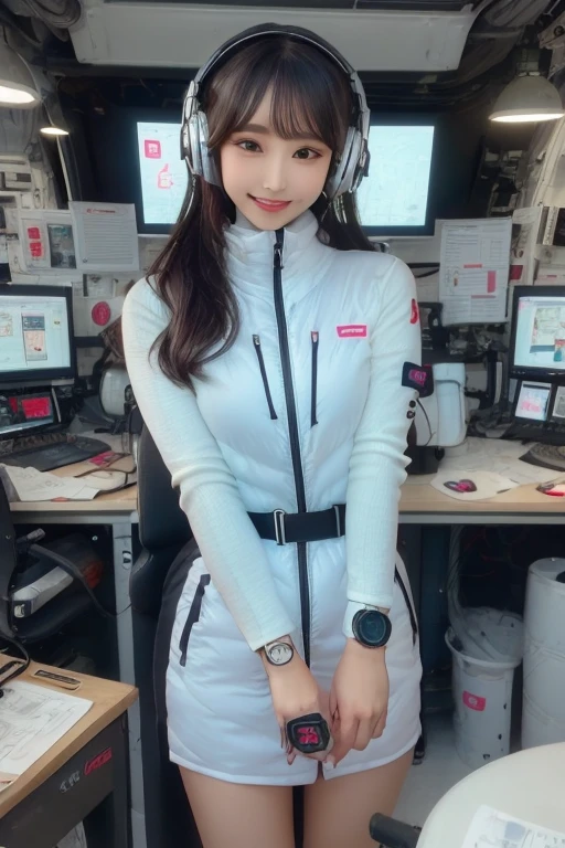 masterpiece, Highest quality, Very detailed, 8K Portrait,Japanese Android Girl,plump , Control panel,Robotic arms and legs, Blunt bangs,,break (Metallic Gray, Metallic luster, Mirror finish, Astro Best):5,headphone:5,break (Black sleeves):100,Smart Watches,Futuristic space station,Control Room,break headphone,blue eyes,(Black Hair):2,(Long Hair):1.3,Displaying the viewer,(respirator),break blush:3,Hidden Hand,smile