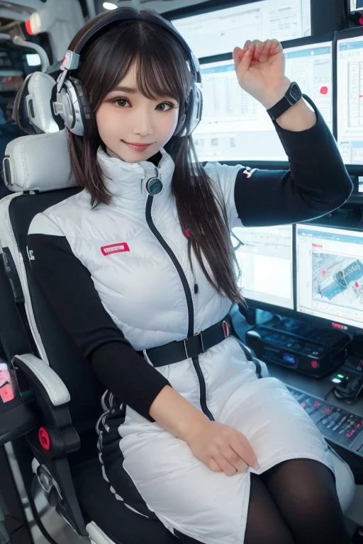 masterpiece, Highest quality, Very detailed, 8K Portrait,Japanese Android Girl,plump , Control panel,Robotic arms and legs, Blunt bangs,,break (Metallic Gray, Metallic luster, Mirror finish, Astro Best):5,headphone:5,break (Black sleeves):100,Smart Watches,Futuristic space station,Control Room,break headphone,blue eyes,(Black Hair):2,(Long Hair):1.3,Displaying the viewer,(respirator),break blush:3,Hidden Hand,smile