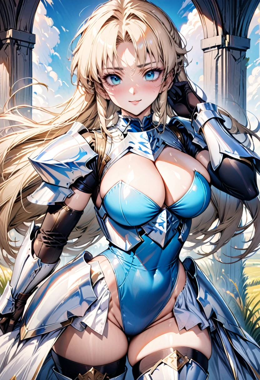 ((highest quality)), ((masterpiece)), ((hyperrealistic)), (detailed background), solo, 1girl, ((curvy: 1.2)), kawaii, gentle smile, ((Princess Knight)), langrisser, blonde braided long hair, ((azure leotard: 1.5)), (white paladin armor: 1.3), ((ArmoredDress)), ((Tight-fitting leotard bodysuit)), ((large breasts)), ((arm guard gauntlet)), leather long gloves, ((zettai ryouiki thigh boots)), (big butt), (cleavage cutout), (Groin), (thigh), beautiful aqua eyes, droopy eyes, parted bangs, perfect face, Perfect hands, perfect fingers, Blue sky and grassland, posing,
