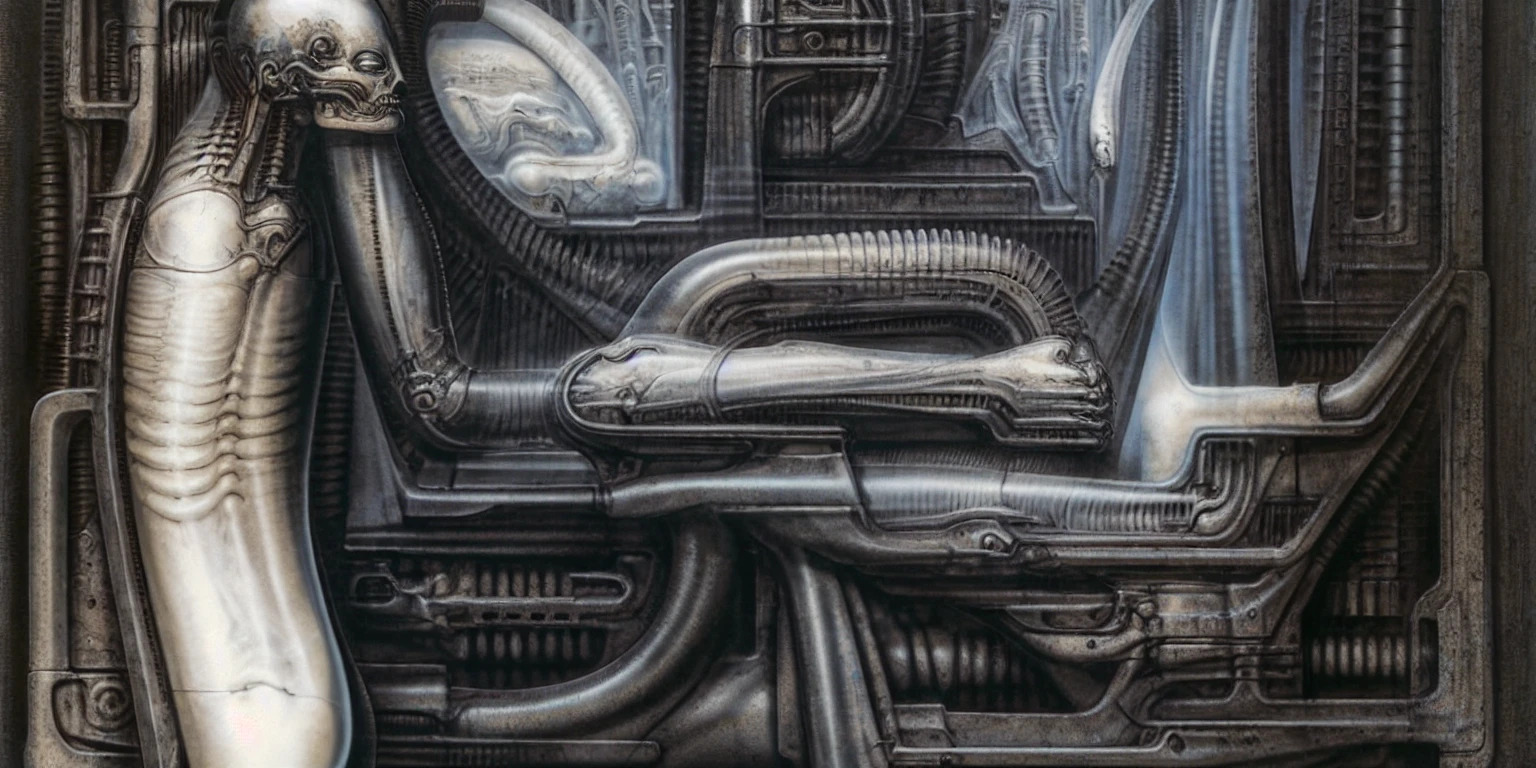 
The image is a detailed view of H.R. Giger's \" Landscape XVI \" plate, featuring a complex network of bones and organs in a purple-brown hue ,swirling gray and brown colors. The artwork is silver and purplish brown, with an ivory bones prominently displayed. The image is highly detailed and intricate, almost like a 3d version of a medical diagram 
The image is an artistic representation of a mechanical structure with pipes and gears, with a skeletal creature and a windmill blade.

biomechanical landscape by Hans Rudie Giger composed of fossilized and mummified alien life forms. Image depicts a strange and dreamlike, combines biological and mechanical ,managed  to dreamlike quality. Centralized recognizable shapes of skulls, rib cages, and spines, all intertwined with tubes and cables. These shapes suggest fossilized mummified alien life forms. Central skeletal structures and what appears to be a ribcags of ivory in the foreground are the most identifiable organic elements. The mechanical elements are evident in the wires and tubes emanating from the skeletals, as well as the smooth metallic tubes. In the background shapes are visible that could be interpreted as other fossilized or mummified alien life.
Light source from the top highlights skeletals, upper part of foreground, lower part of image is in shadow. 


The piece is a tableau, most likely created with a India ink pen or pencil on paper, determined by the thin lines, shading techniques, and the texture of the paper, which is visible around the edges.
used is pen, given the shading and variations in line weight visible in the image. One have used a variety of pencils with different degrees of hardness to achieve the shading effects

The style  is clearly biomechanical. Features combination of organic and mechanical forms. Mechanical elements dominate the composition, there are subtle organic hints. The use of undersaturated purple-grays dark contrasts creates a stark and graphic look. Is used a variety of l