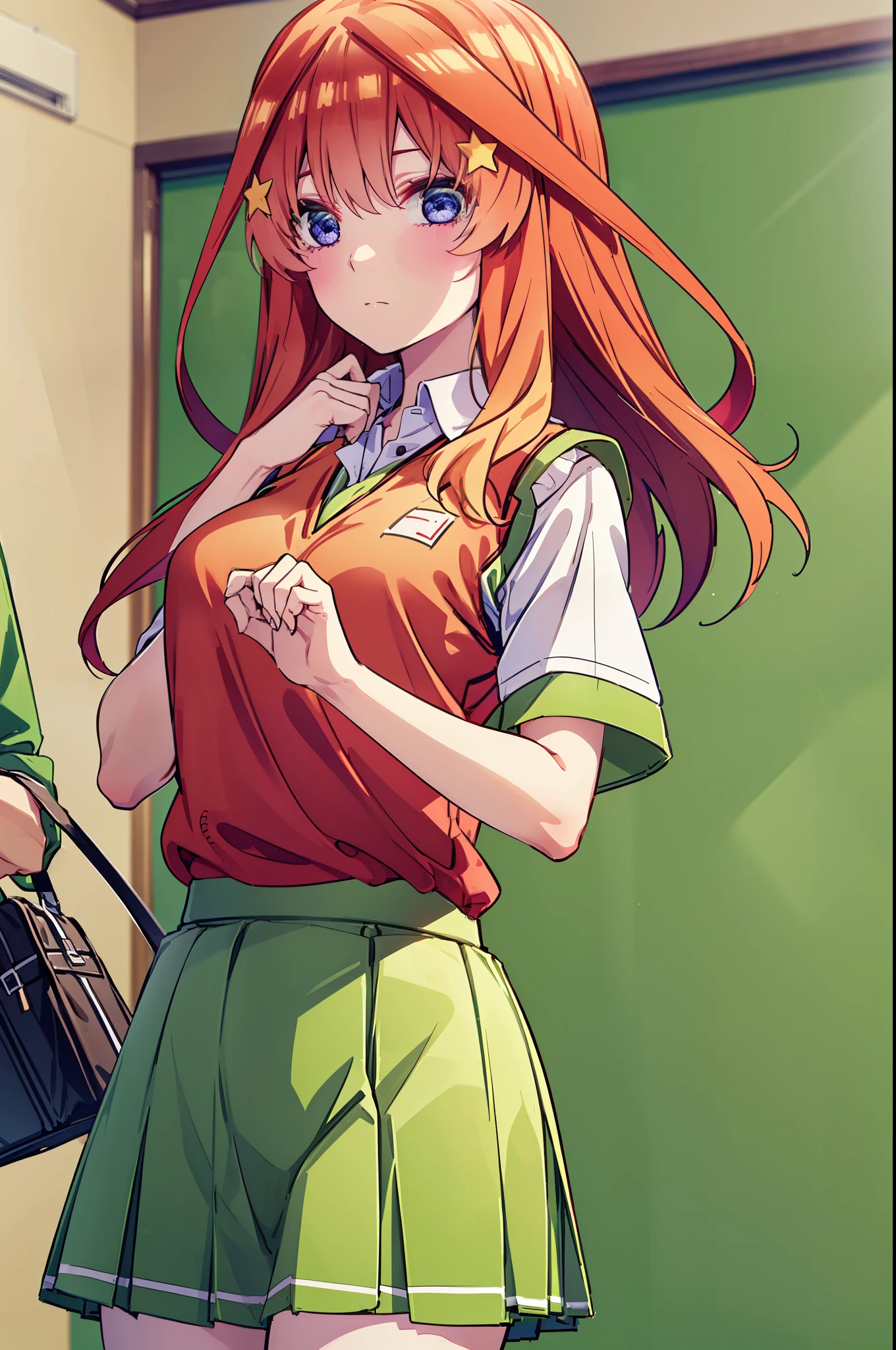 itsukinakano, itsuki nakano, bangs, blue eyes, Hair between the eyes, Ahoge, Redhead, star \(symbol\), hair ornaments, star hair ornaments,
break skirt, shirt, , clavicle, white shirt, Short sleeve, Pleated skirt, socks, collared shirt, mini skirt, Knee-high, white socks, (Green Skirt:1.5), Sweater vest, (red Sweater vest:1.5),
break indoors, classroom,
break looking at viewer, (Cowboy Shot:1.5),
break (masterpiece:1.2), Highest quality, High resolution, unity 8k wallpaper, (figure:0.8), (Beautiful attention to detail:1.6), Highly detailed face, Perfect lighting, Highly detailed CG, (Perfect hands, Perfect Anatomy),