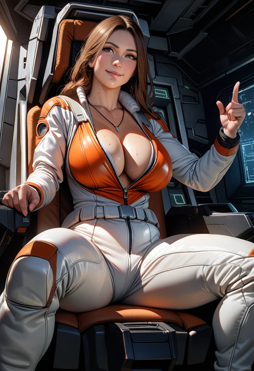 Christina Mackenzie,mature female,perfect hands, perfect finger,perfect anatomy, masterpiece, best quality,realistic, hyperrealistic, 16k hdr, eff pilot,(white flight suit:1.2),gundamwingcockpit,large breasts,sitting,spread legs,brown long hair,open zipper,,sports bra,cleavage,necklace,sweat,smile,under boob