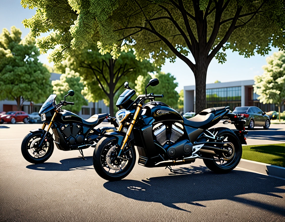 black motorcycle parke, cars parked in a parking lot with trees in the foreground,university parking, detailed rendering, a photorealistic rendering, realistic rendering, photorealistic rendering, realistic scene, photorealistic streetscape, cg rendering, rendered in lumion pro, realistic physical rendering, digital rendering, beautiful rendering, 3d rendering!, 3 d rendering!, hyper detailed scene, architectural rendering