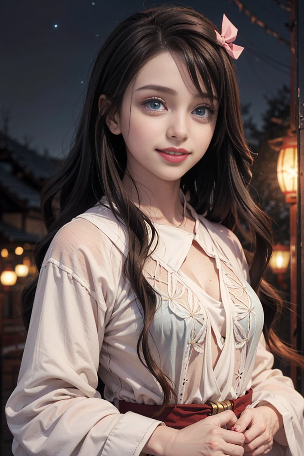 (extremely delicate and beautiful: 1.2), 1girl, bangs, blue eyes, blur, blur background, bow, brown hair, shut up, side view, hair between eyes, hair bow, lantern, light particles, long sleeves, look looking at audience, medium hair, night, red bow, solo, stars(symbol), upper body, smile, red lips