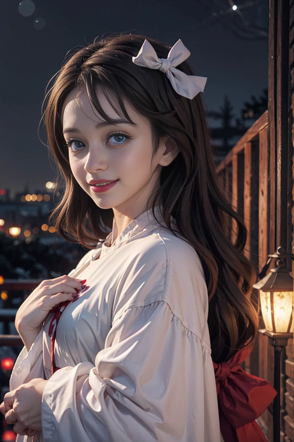 (extremely delicate and beautiful: 1.2), 1girl, bangs, blue eyes, blur, blur background, bow, brown hair, shut up, side view, hair between eyes, hair bow, lantern, light particles, long sleeves, look looking at audience, medium hair, night, red bow, solo, stars(symbol), upper body, smile, red lips