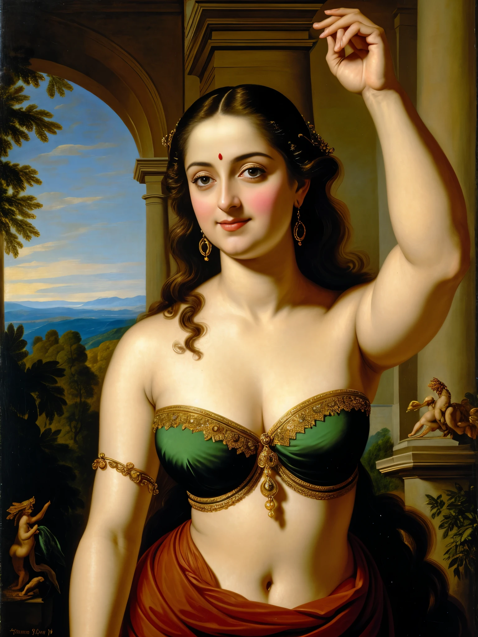 Looks like Anushka Shetty, thick figure, heavy physique, Masterpiece, Best quality, high clarity eyes, critically flawless,sharp picture, Full portrait, High pixels, perfect face, perfect eyes, beautiful face, perfect hands,perfect fingers, in Peter Paul Rubens style, by Peter Paul Rubens, baroque style, acrylic on canvas, highly detailed, description: "Create a nymph inspired by the tales of Greek or Roman mythology, embodying the essence of a natural element or location, and possessing a unique ability or trait that sets her apart.", strapless Bra of ancient times, strapless bralette, armpits showing, 