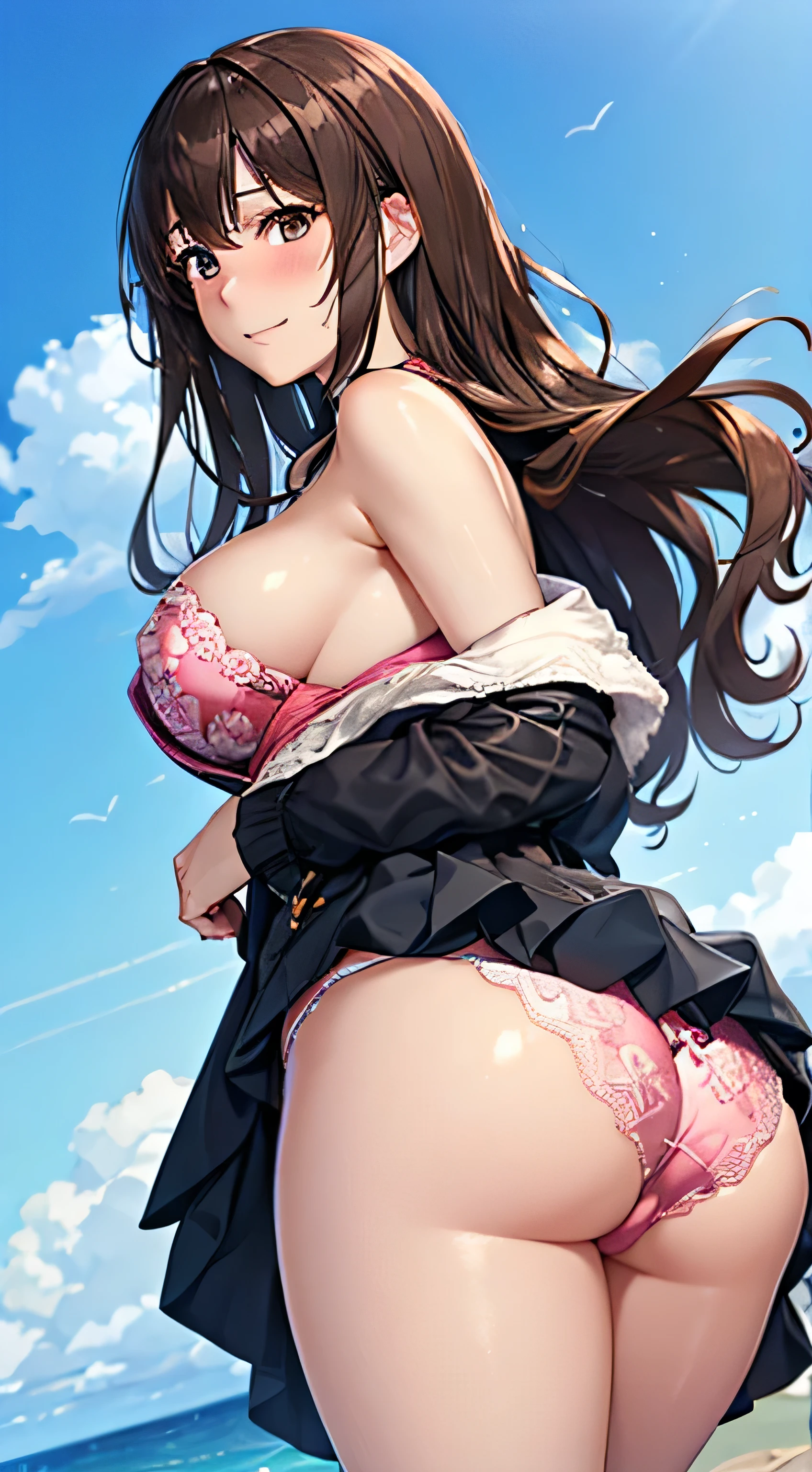 ((Tabletop, Highest quality, High resolution, , Pixel Perfect, 4K, ))), Beautiful woman,, alone, beauty、The whole body is visible、 (((Sexy Witch Cosplay), Long dark blonde wavy hair、Off-the-shoulder jacket,　Dark blue flared skirt、、Mid-wave hair, bangs, Brown Hair)), ((Brown eyes, Beautiful eyelashes, Realistic eyes)), ((Detailed face, Blushing:1.2)), ((Smooth texture:0.75, Realistic texture:0.65, Realistic:1.1, Anime CG Style)), Center of chest, Dynamic Angle, Perfect body, ((,)), 、、Very embarrassing panic smile, 、Beautiful coast、Sleeping on the beach、(The wind flipped up her skirt, Showing cleavage、、、、Show me your ass、pink floral lace panties、)、Angle from below