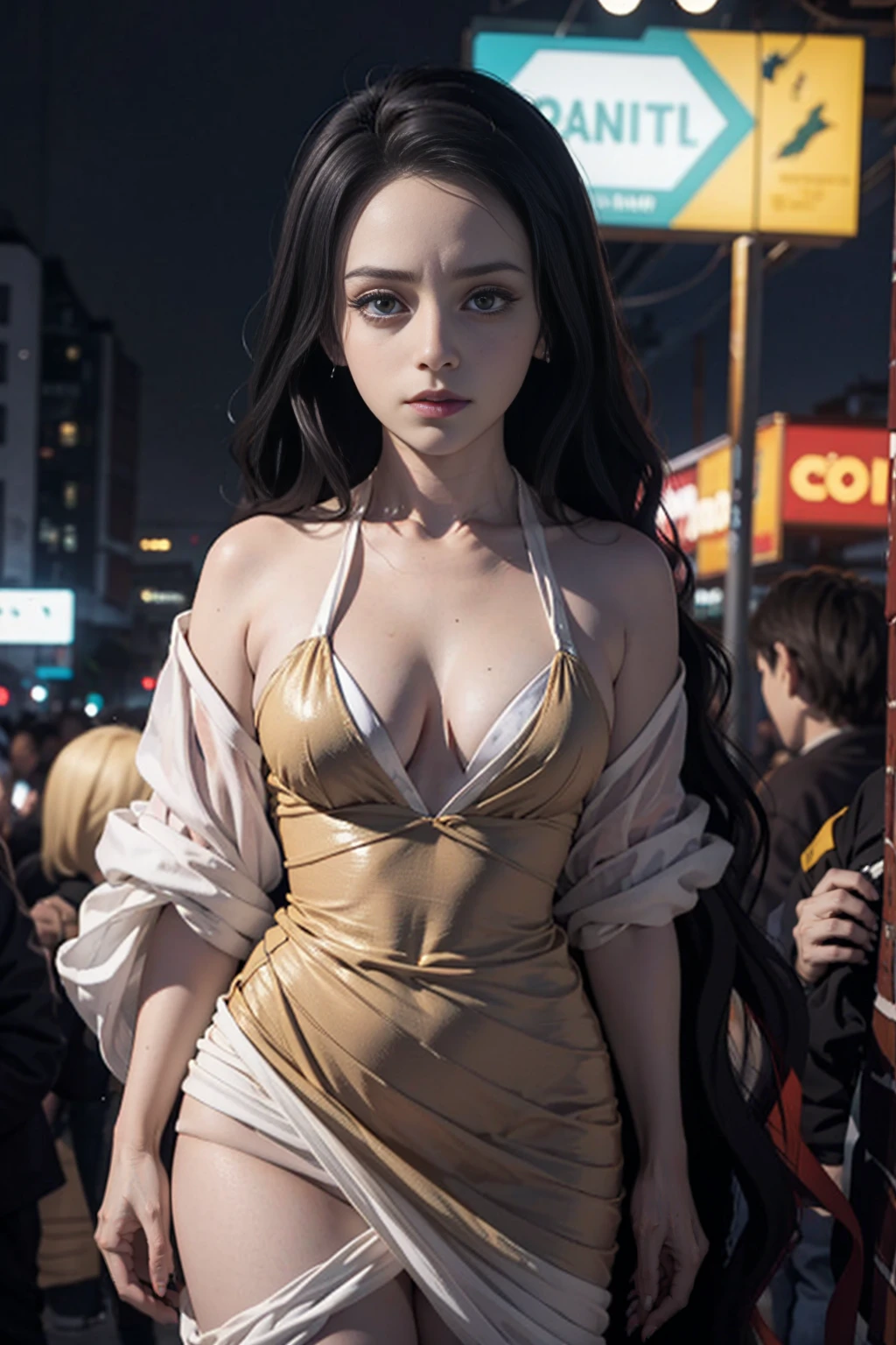 (es) , Diane Foxington is standing alone in a night club, surrounded by blurred out figures. The mood is serious, with a touch of loneliness conveyed through her expression. Her eyes are fixed on the viewer, drawing them into the scene.