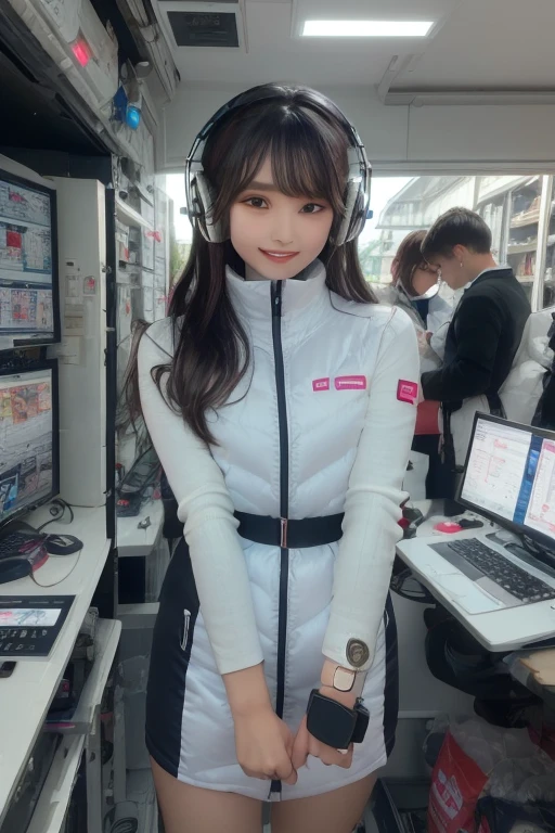 masterpiece, Highest quality, Very detailed, 8K Portrait,Japanese Android Girl,plump , Control panel,Robotic arms and legs, Blunt bangs,,break (Metallic Gray, Metallic luster, Mirror finish, Astro Best):5,headphone:5,break (Black sleeves):100,Smart Watches,Futuristic space station,Control Room,break headphone,blue eyes,(Black Hair):2,(Long Hair):1.3,Displaying the viewer,(respirator),break blush:3,Hidden Hand,smile