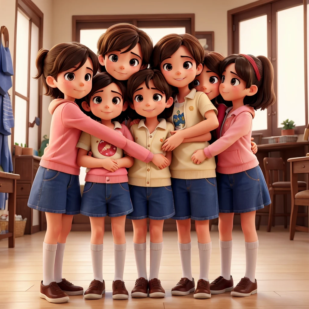 A boy and 3 girls hugging, happy