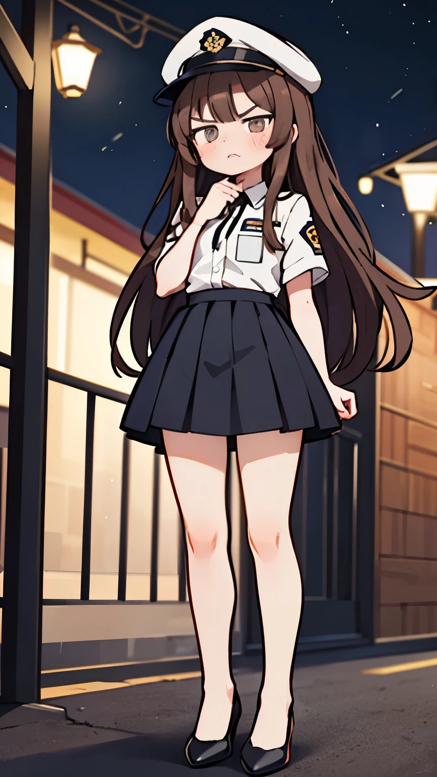 masterpiece, {highest quality], [Super beautiful], [Ultra fine], [Best illustration],Brown Hair, Hime cut, Long Hair, With bangs, girl, Uniform cap,Security uniform, Angry face, blush, Slender women, Straight Skirt, Standing posture, （Public）Night Park, diagonal, diagonalから, Bare feet and pumps, Plain black pumps