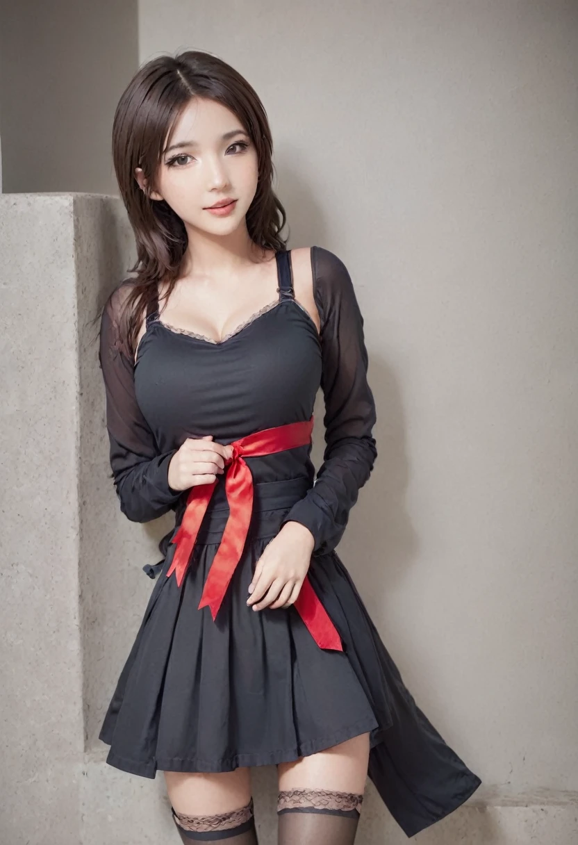 1 girl, in school, big breasts, beautiful body, pretty face, medium long hair, cleavage, red lips, smiling face, red ribbon, black boots, boyish, pantyhose, panties, one-piece dress, miniskirt, secretary make-up, open mouth, seductive gaze
