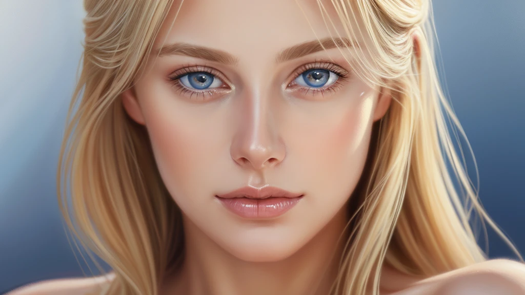 Soft portrait of a beautiful blonde woman, flowing golden hair, captivating blue eyes, delicate features, natural makeup, elegant attire, gentle expression, subtle blush, warm skin tones, ethereal lighting, soft shadows, high-resolution digital painting, realistic style, artistic interpretation, by a skilled portrait artist