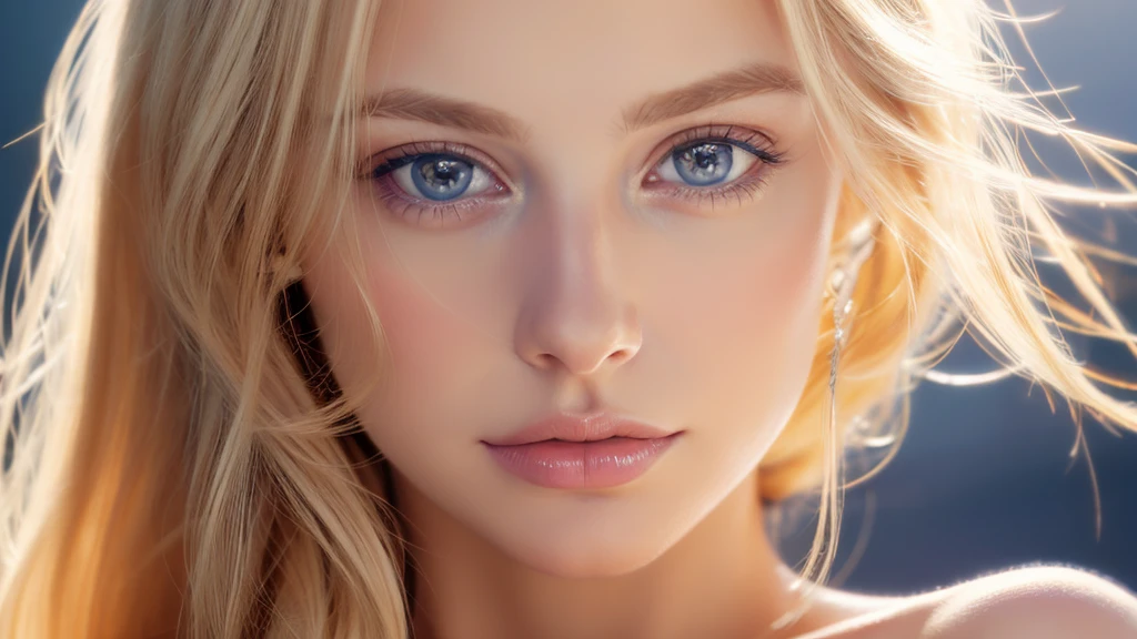 Soft portrait of a beautiful blonde woman, flowing golden hair, captivating blue eyes, delicate features, natural makeup, elegant attire, gentle expression, subtle blush, warm skin tones, ethereal lighting, soft shadows, high-resolution digital painting, realistic style, artistic interpretation, by a skilled portrait artist