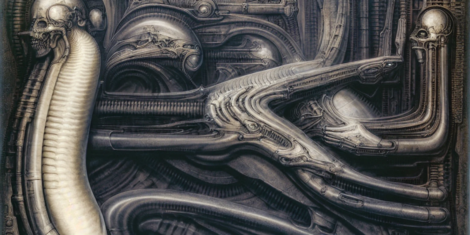 
The image is a detailed view of H.R. Giger's \" Landscape XVI \" plate, featuring a complex network of bones and organs in a purple-brown hue ,swirling gray and brown colors. The artwork is silver and purplish brown, with an ivory bones prominently displayed. The image is highly detailed and intricate, almost like a 3d version of a medical diagram 
The image is an artistic representation of a mechanical structure with pipes and gears, with a skeletal creature and a windmill blade.

biomechanical landscape by Hans Rudie Giger composed of fossilized and mummified alien life forms. Image depicts a strange and dreamlike, combines biological and mechanical ,managed  to dreamlike quality. Centralized recognizable shapes of skulls, rib cages, and spines, all intertwined with tubes and cables. These shapes suggest fossilized mummified alien life forms. Central skeletal structures and what appears to be a ribcags of ivory in the foreground are the most identifiable organic elements. The mechanical elements are evident in the wires and tubes emanating from the skeletals, as well as the smooth metallic tubes. In the background shapes are visible that could be interpreted as other fossilized or mummified alien life.
Light source from the top highlights skeletals, upper part of foreground, lower part of image is in shadow. 


The piece is a tableau, most likely created with a India ink pen or pencil on paper, determined by the thin lines, shading techniques, and the texture of the paper, which is visible around the edges.
used is pen, given the shading and variations in line weight visible in the image. One have used a variety of pencils with different degrees of hardness to achieve the shading effects

The style  is clearly biomechanical. Features combination of organic and mechanical forms. Mechanical elements dominate the composition, there are subtle organic hints. The use of undersaturated purple-grays dark contrasts creates a stark and graphic look. Is used a variety of l