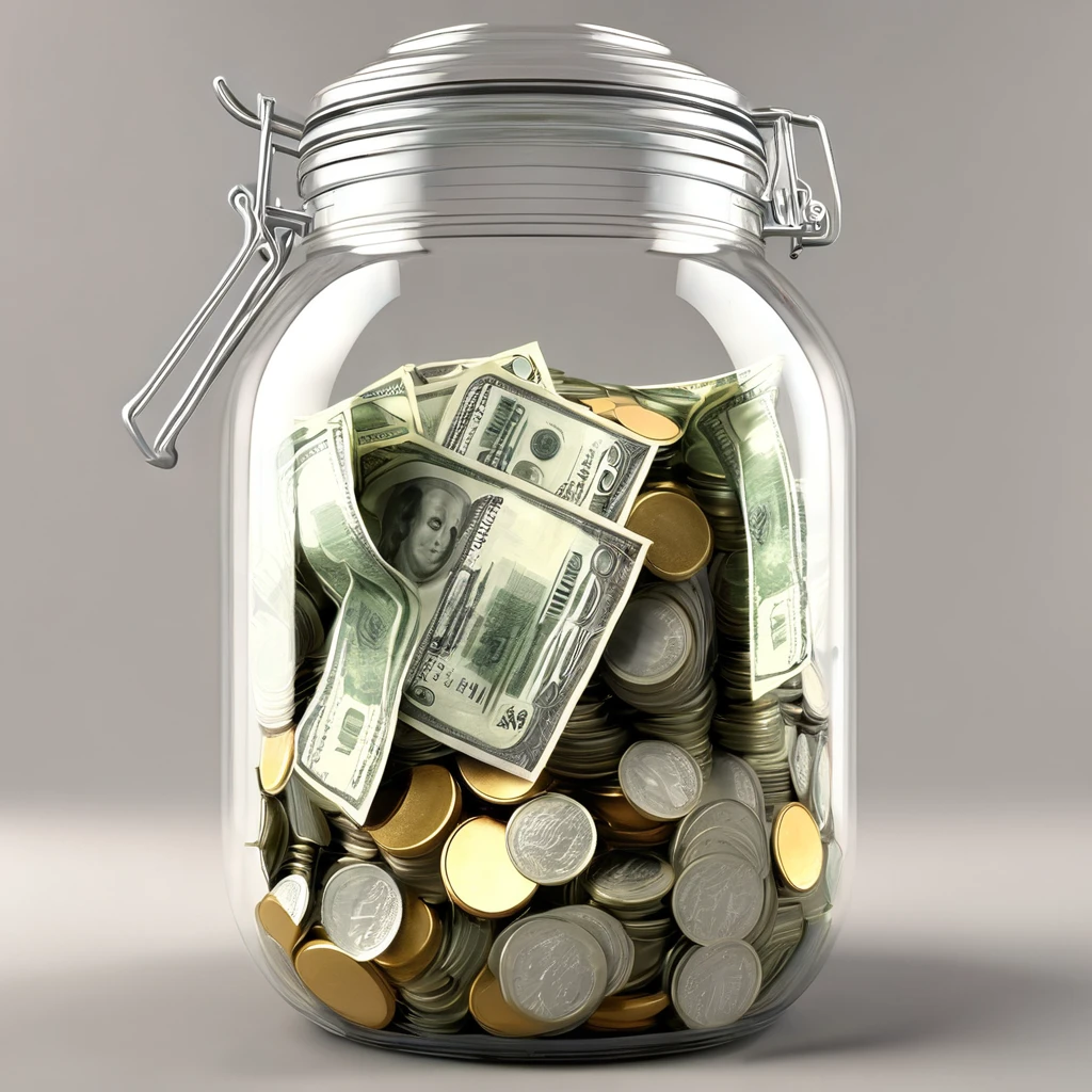 Transparent jar with giant closed lid of money