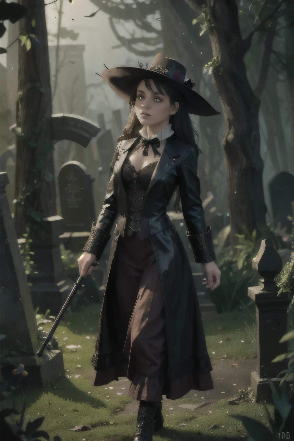 Cinematic, Vampire slayers, walks in an Gothic cemetery at night wearing a gothic steampunk fashion dress, fog and rainy condition, ghostly atmosphere, 1800s, (high skin detail: 1.2), ultra-detailed, photo-realistic, depth of field, cinematic lighting, IMAX camera, HDR, DTM, Full HD, 8k , captured in ultra high resolution with photorealistic and beautiful lighting. This masterpiece is of the best quality and is set against a zentangle abstract background (weighted at 1.4).