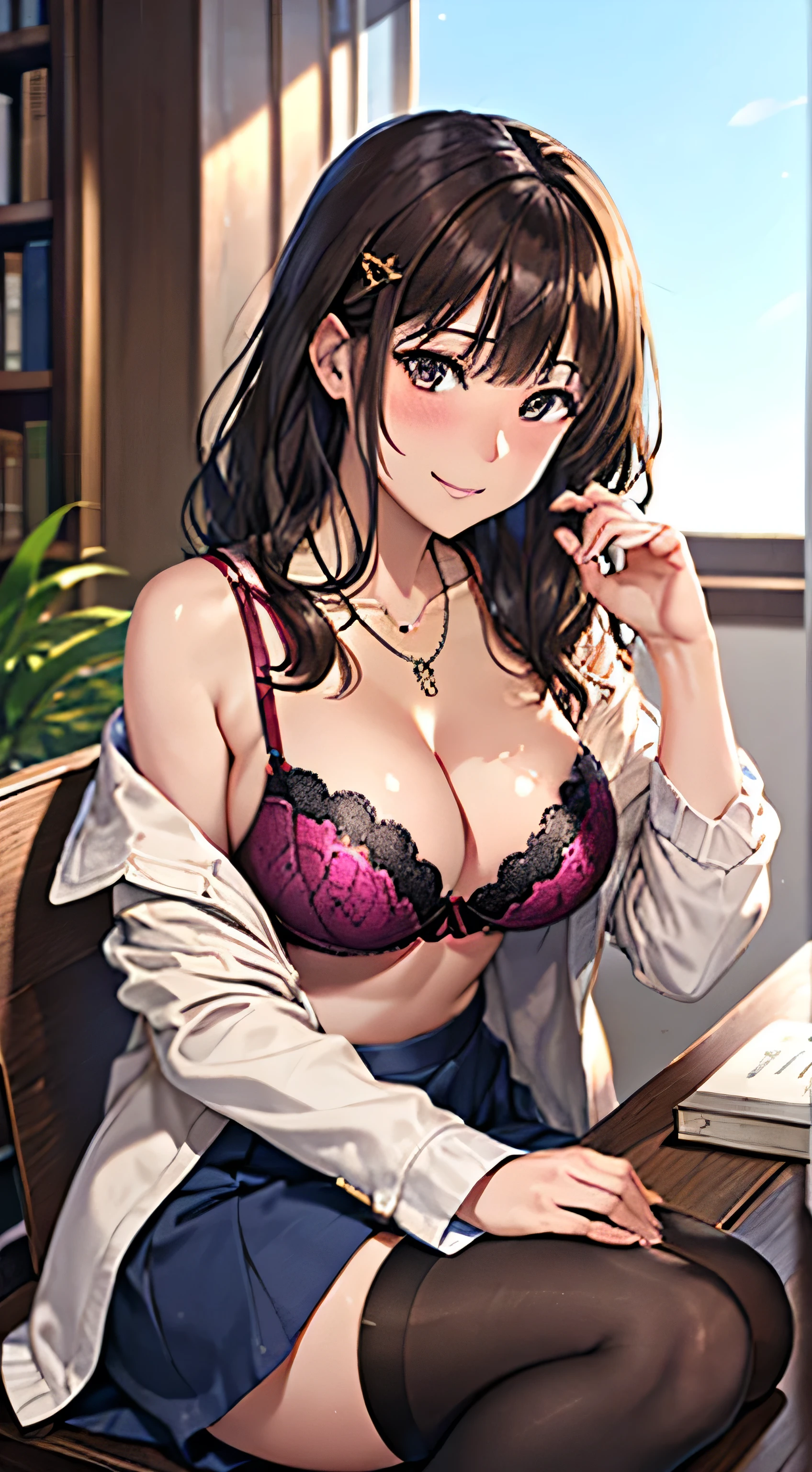 ((Tabletop, Highest quality, High resolution, , Pixel Perfect, 4K, ))), Beautiful woman,, alone, beauty、The whole body is visible、 (((Sexy Witch Cosplay), Long dark blonde wavy hair、Off-the-shoulder jacket, Dark blue flared skirt、Black knee-high stockings、Gorgeous hair ornament、Gorgeous Necklace、Mid-wave hair, bangs, Brown Hair)), ((Brown eyes, Beautiful eyelashes, Realistic eyes)), ((Detailed face, Blushing:1.2)), ((Smooth texture:0.75, Realistic texture:0.65, Realistic:1.1, Anime CG Style)), Center of chest, Dynamic Angle, Perfect body, ((,)), Showing cleavage、No bra、Very embarrassing panic smile, 、Big Castle Library、Sit on a chair、Big magic book on the desk、Leaning on the desk、、(、、Pink lace bra and panties are visible、)、Angle from below