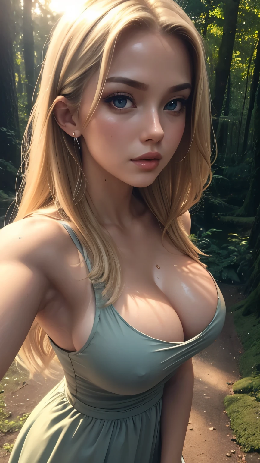 Close-up portrait, Sexy SS blonde, parted lips, lips, Casual Dresses, View your viewers, Forest Background, Sunset Light, Realistic Dirty Body Upper Body Sweaty Big Breasts Expose Fluid from nipples Reverse Rape Slimy saliva Urinating Watching the audience Attractive body Muscular lure Sweating Low angle Selfie